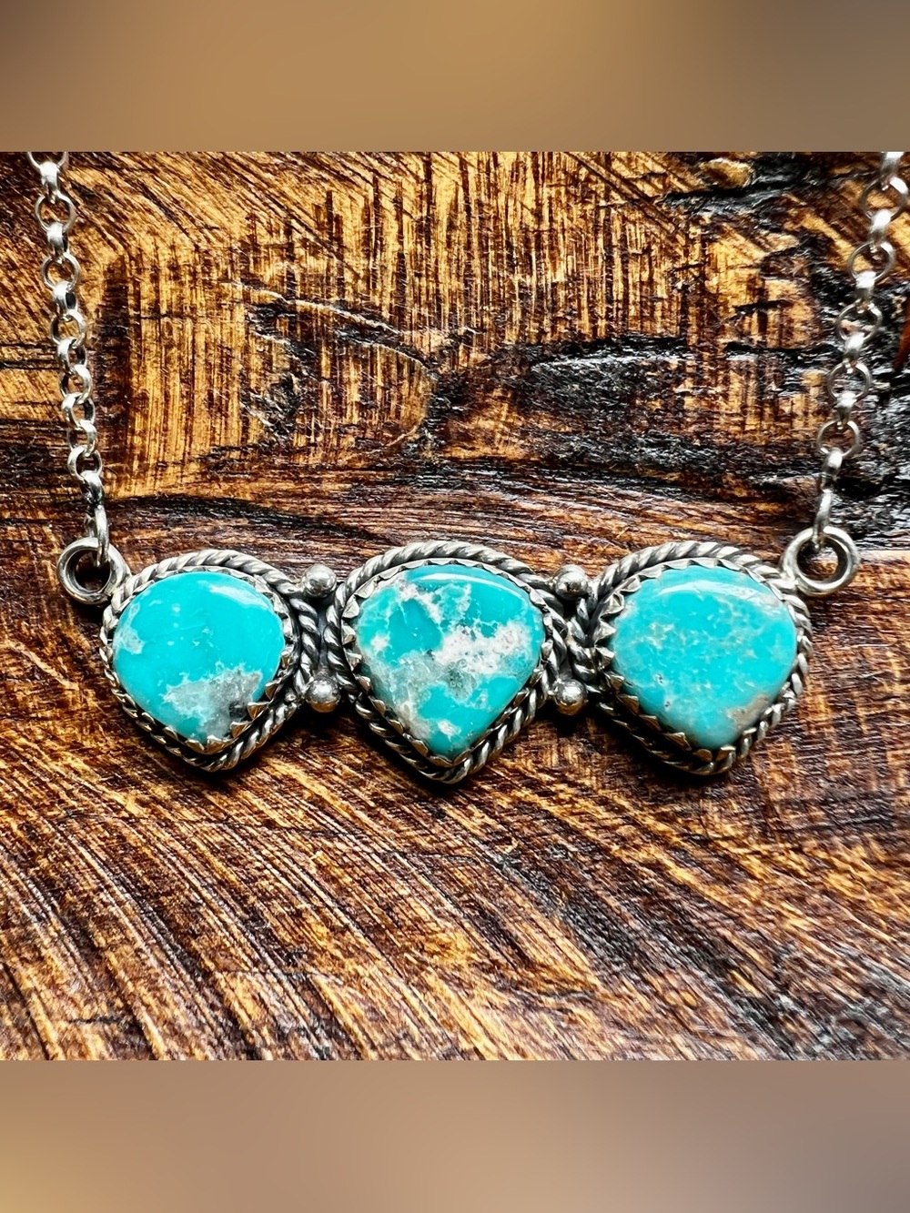 925 Sterling Silver Blue Ridge Turquoise Triple Stone Bar Necklace Southwestern